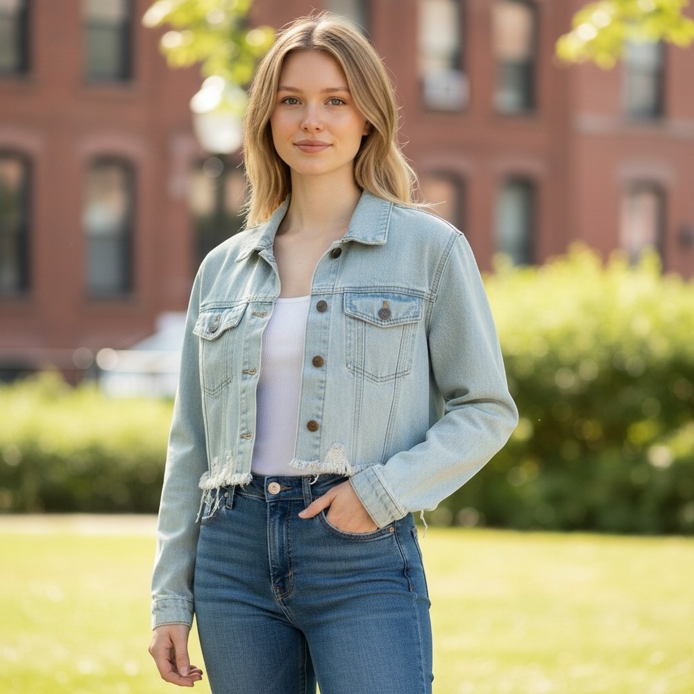 Mono B Womens Light Wash Cropped Distressed Denim Jacket Frayed Hem Size M